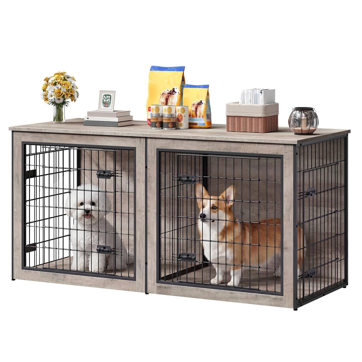 A two-compartment dog crate bed with a rustic gray-brown wood-grain top and black metal wire cribs, shown with two dogs inside and pet accessories placed on top, on a white background.