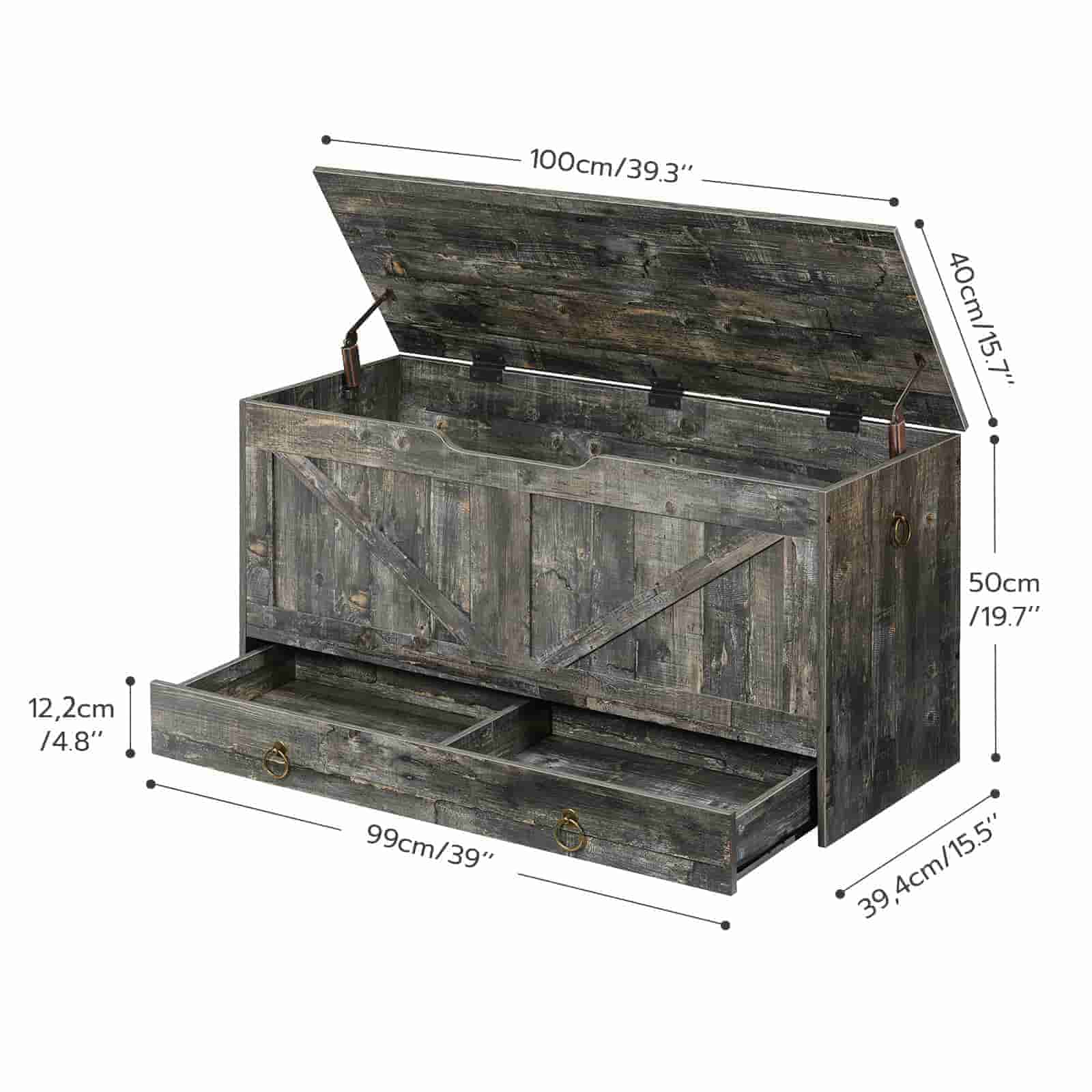 Detailed dimension chart of the storage bench trunk showing length, depth, and height of the box and drawer.
