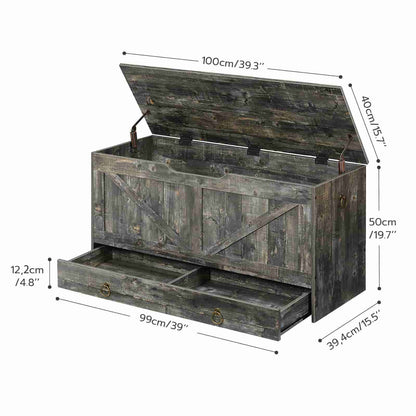 Detailed dimension chart of the storage bench trunk showing length, depth, and height of the box and drawer.