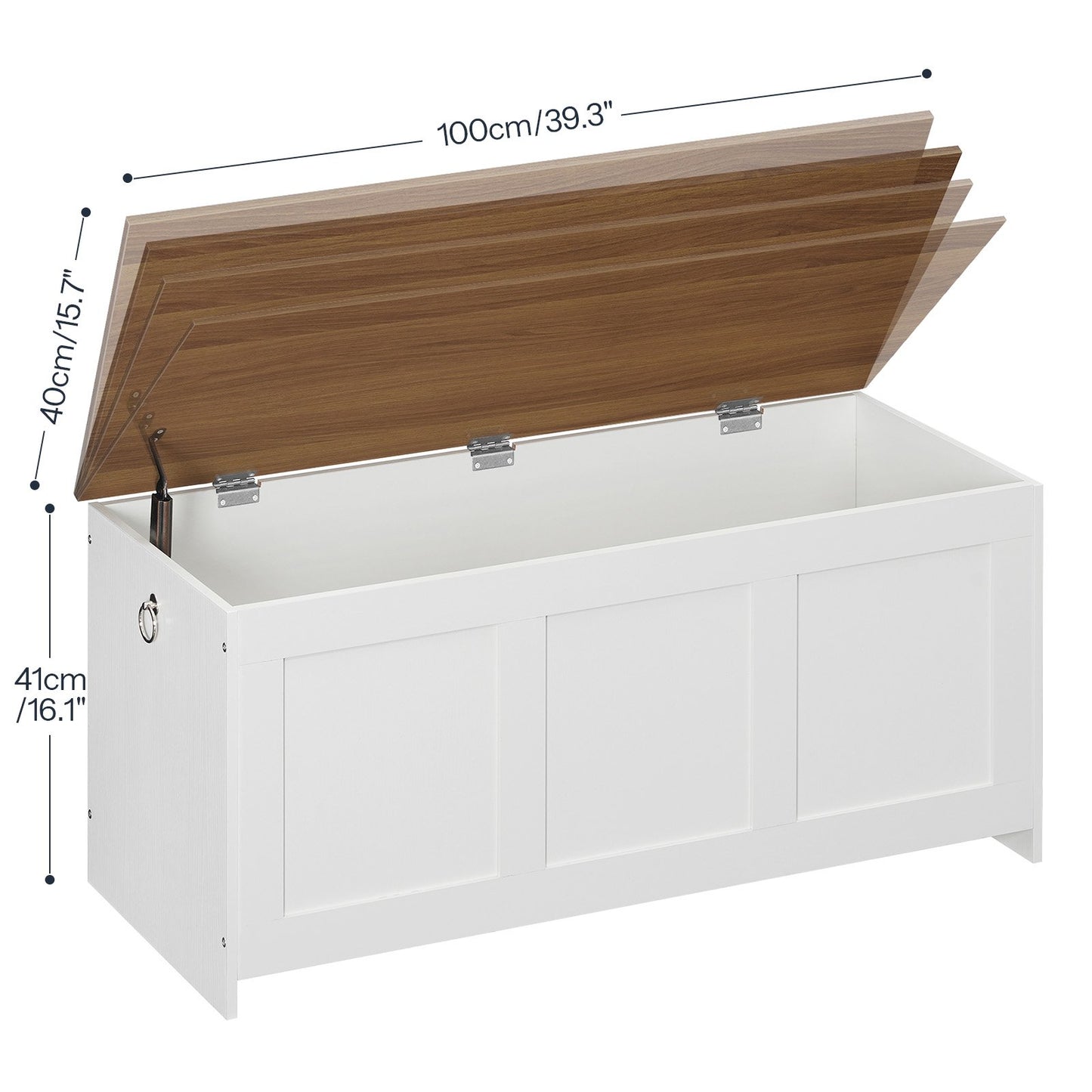 Detailed product size chart diagram showing exact length, height, width, and interior storage volume measurements of the wooden chest.
