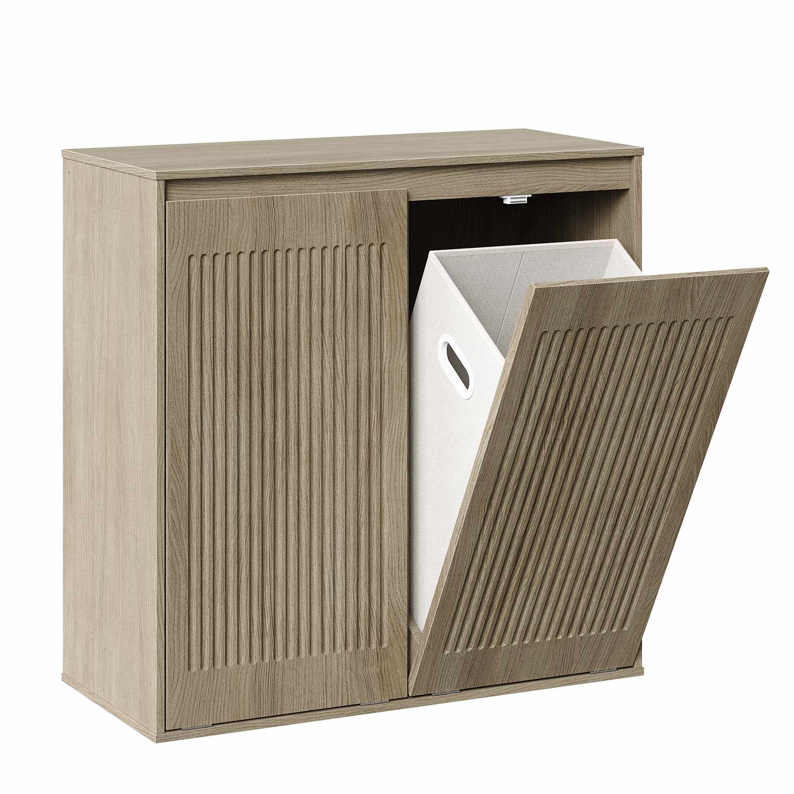Isolated front view of the empty greige wooden tilt-out trash can holder cabinet with louvers doors.