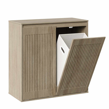 Isolated front view of the empty greige wooden tilt-out trash can holder cabinet with louvers doors.