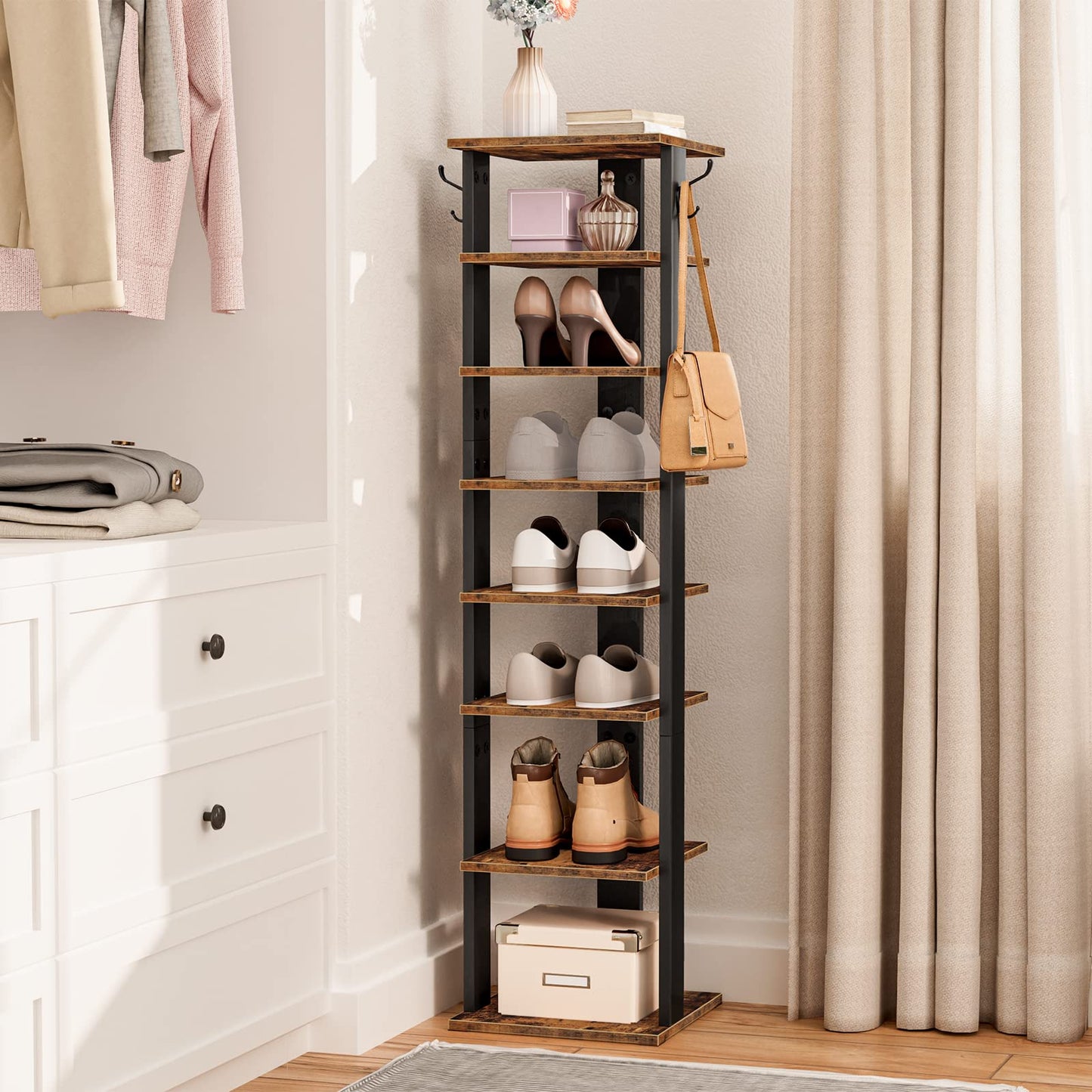 8-tier wooden vertical shoe rack styled inside a modern closet holding heels, sneakers, and bags.