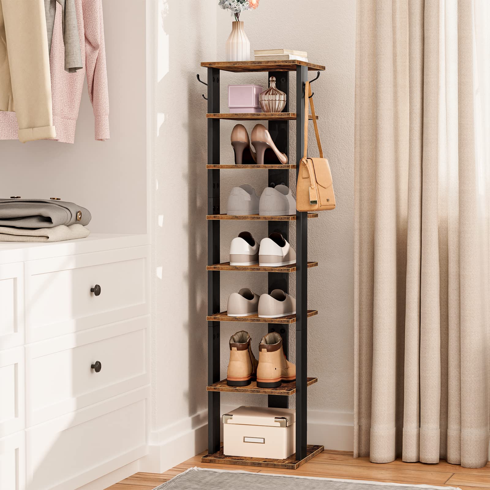8-tier wooden vertical shoe rack styled inside a modern closet holding heels, sneakers, and bags.