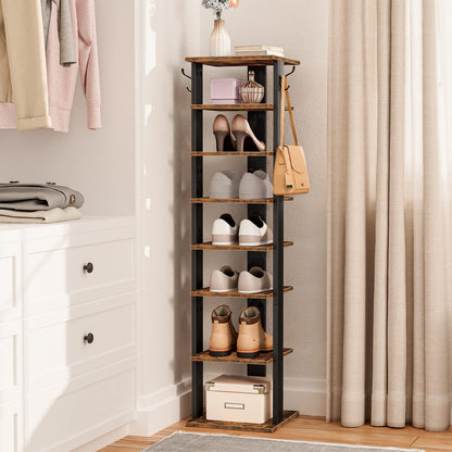 8-tier wooden vertical shoe rack styled inside a modern closet holding heels, sneakers, and bags.