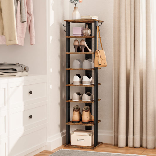 8-tier wooden vertical shoe rack styled inside a modern closet holding heels, sneakers, and bags.