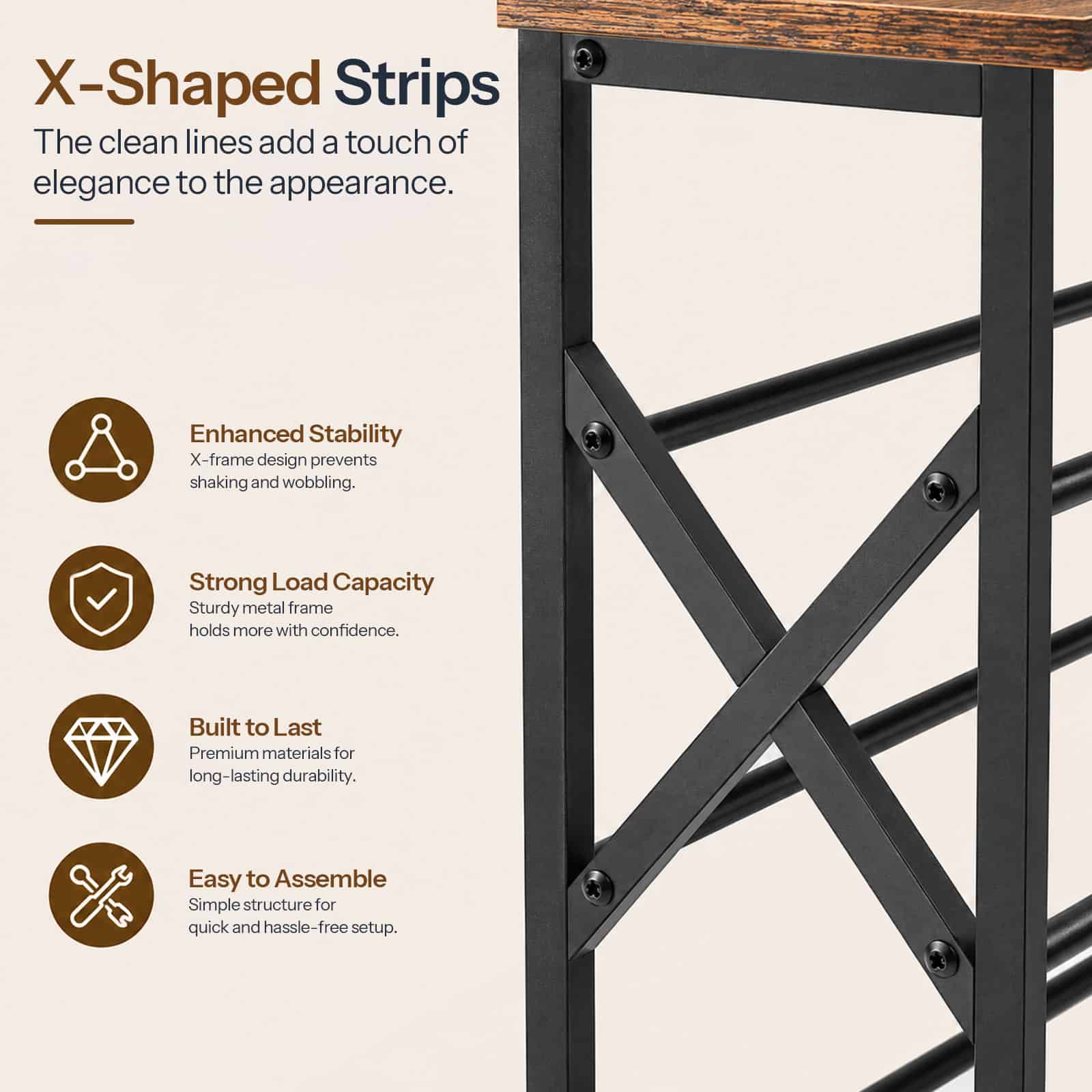 Close-up of the side X-shaped reinforced metal bars ensuring maximum stability and preventing wobbling.