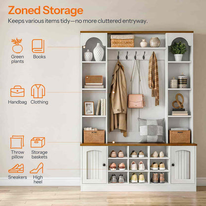 Zoned storage unit with various compartments for different items on a neutral background